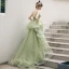 Chic / Beautiful Cascading Ruffles Sage Green Prom Dresses 2021 A-Line / Princess Spaghetti Straps Sleeveless Backless Court Train Prom Formal Dresses