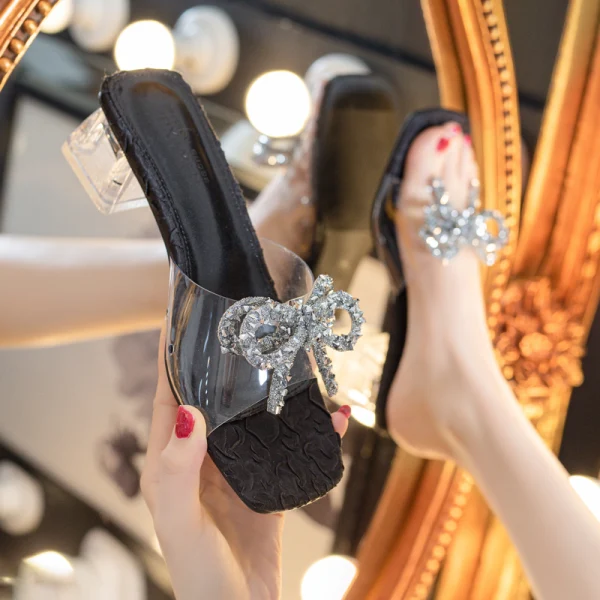 Sexy Black Casual Rhinestone Bow Womens Sandals Slipper & Flip flops 2021 5 cm Stiletto Heels Open / Peep Toe High Heels