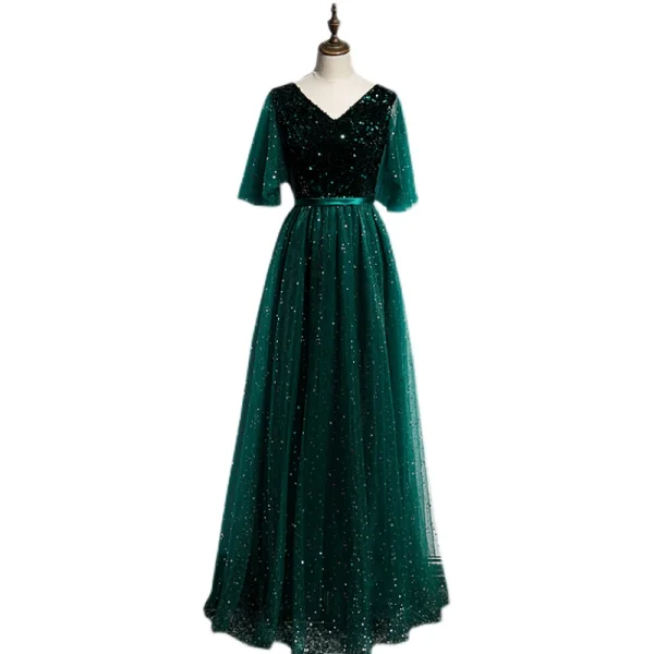Vintage / Retro Dark Green Prom Dresses 2021 A-Line / Princess V-Neck 1/2 Sleeves Backless Floor-Length / Long Prom Formal Dresses