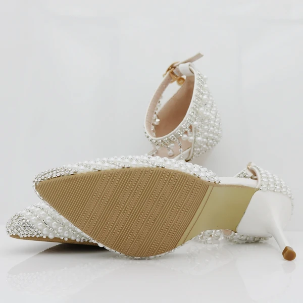 Sparkly White Wedding Shoes 2018 Pearl Rhinestone Ankle Strap 6 cm Stiletto Heels Pointed Toe Wedding High Heels