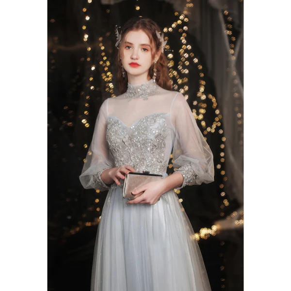 Elegant Grey Beading Evening Dresses Prom Dresses 2021 A-Line / Princess High Neck Appliques Lace Flower Pearl 3/4 Sleeve Backless Floor-Length / Long Prom Formal Dresses