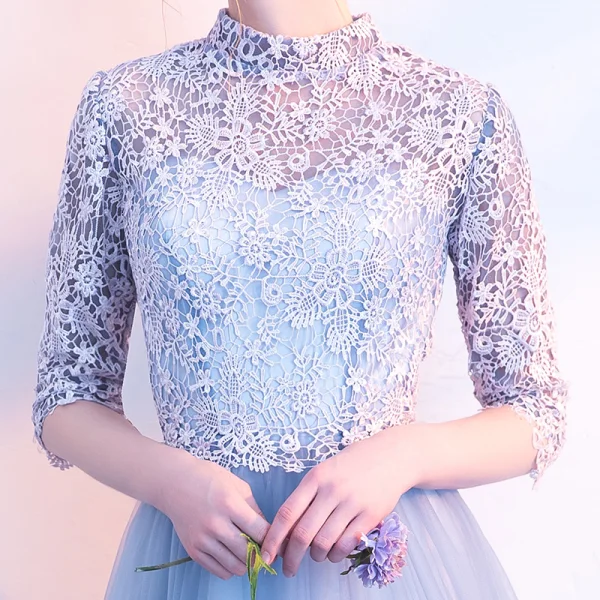 Chic / Beautiful Sky Blue Prom Dresses 2018 A-Line / Princess Lace Flower High Neck 1/2 Sleeves Floor-Length / Long Formal Dresses