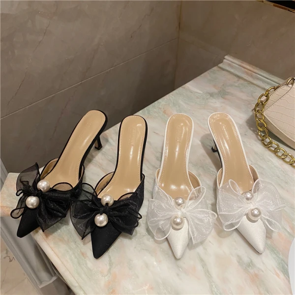 Fashion Black Street Wear Womens Sandals 2021 Pearl Bow 7 cm Stiletto Heels Pointed Toe Slipper & Flip flops High Heels