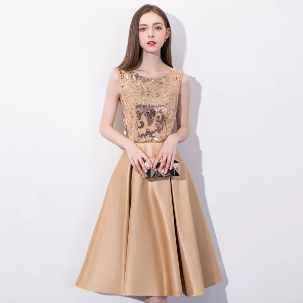 Chic / Beautiful Champagne Homecoming Graduation Dresses 2018 A-Line / Princess Sequins Scoop Neck Sleeveless Knee-Length Formal Dresses