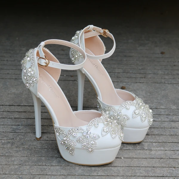 Mode Elfenben Brudskor 2018 Rhinestone Ankelband 14 cm Stilettklackar Pande Zote Toe Bröllop Högklackade