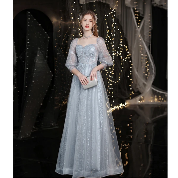 Glitzernden Silber Perlenstickerei Pailletten Strass Abendkleider Ballkleider 2021 A Linie Eckiger Ausschnitt Spitze Blumen 3/4 Ärmel Rückenfreies Lange Abend Ball Festliche Kleider