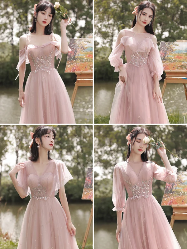 Chic / Beautiful Blushing Pink Bridesmaid Dresses 2021 A-Line / Princess Scoop Neck Beading Rhinestone Sequins Short Sleeve Backless Floor-Length / Long Bridesmaid Wedding Party Dresses