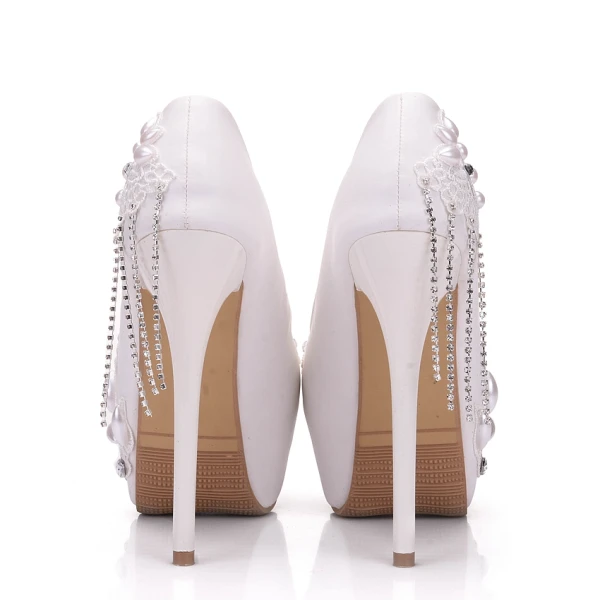 Modern / Fashion Ivory Wedding Shoes 2018 Appliques Lace Pearl Rhinestone Tassel 14 cm Stiletto Heels Round Toe Wedding Pumps