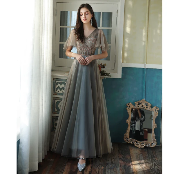 Chic / Belle Gris Robe Demoiselle D'honneur 2021 Princesse Manches Courtes Dos Nu Perlage Perle En Dentelle Fleur Paillettes Longue Demoiselle D'honneur Robe Pour Mariage