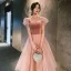 Chic / Belle Rougissant Rose Daim Robe Demoiselle D'honneur 2021 Princesse Encolure Carrée Manches Courtes Dos Nu Thé Longueur Robe Pour Mariage