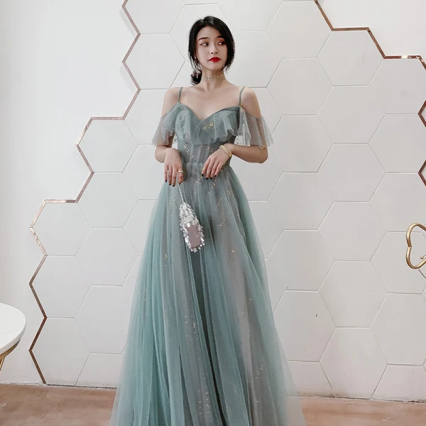 Chic / Beautiful Green Sequins Bridesmaid Dresses 2021 A-Line / Princess Spaghetti Straps Short Sleeve Backless Floor-Length / Long Bridesmaid Wedding Party Dresses