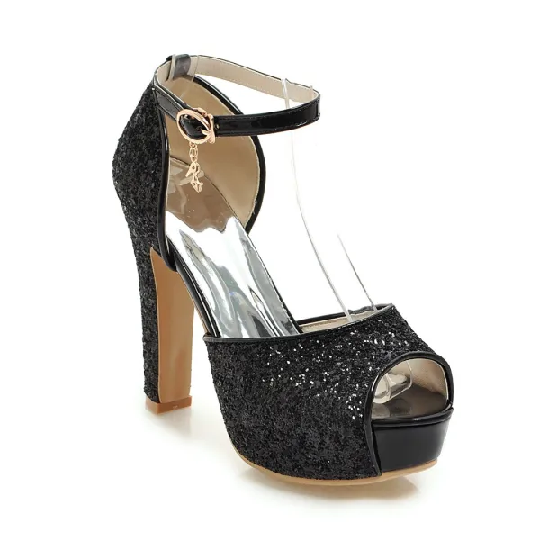 Sexy Silber Abend Pailletten Sandalen Damen 2021 Knöchelriemen 12 cm Thick Heels Peeptoes Sandaletten Hochhackige