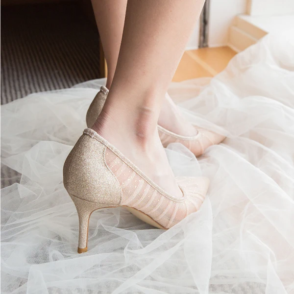 Charming Silver Lace Sequins Wedding Shoes 2021 6 cm Stiletto Heels Pointed Toe Wedding Pumps High Heels