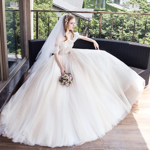 Charmant Champagne Robe De Mariée 2019 Princesse Perlage Cristal Perle Paillettes Bustier Dos Nu Sans Manches Longue