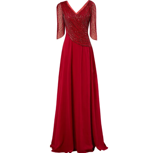 Luxury / Gorgeous Burgundy Handmade Beading Evening Dresses 2019 A-Line / Princess Sequins V-Neck Backless 3/4 Sleeve Floor-Length / Long Formal Dresses