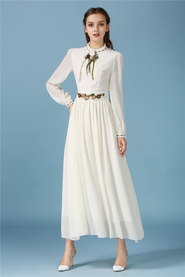 Modern / Fashion Beige Dating Maxi Dresses 2019 A-Line / Princess Embroidered Scoop Neck Long Sleeve Tea-length Womens Clothing