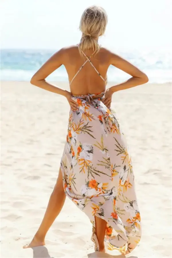 Chic / Belle Beige Plage Robes longues 2019 Impression Bretelles Spaghetti Fond croisé plongeant Dos Nu Sans Manches Longue Vêtements Femme