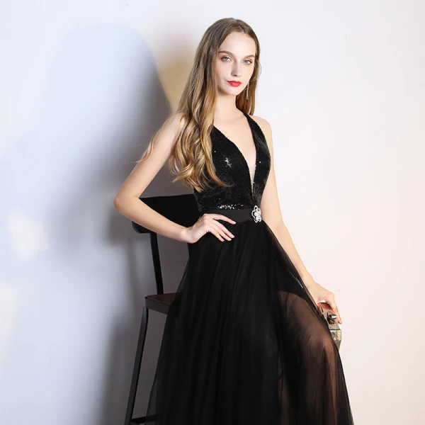 Sexy Black Evening Dresses 2019 A-Line / Princess Rhinestone Sequins V-Neck Sleeveless Plunging Cross-Back Backless Floor-Length / Long Formal Dresses