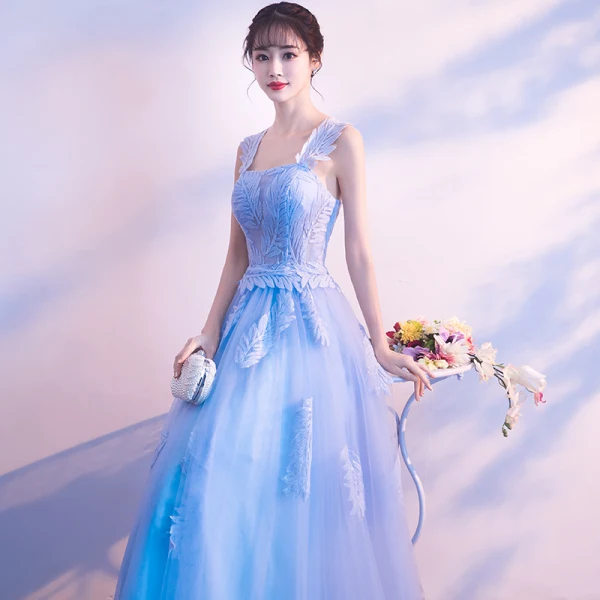 Chic / Beautiful Sky Blue Evening Dresses 2018 A-Line / Princess Appliques Shoulders Backless Sleeveless Floor-Length / Long Formal Dresses
