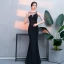 Moderne / Mode Noire Robe De Soirée 2019 Trompette / Sirène En Dentelle Perlage Paillettes Encolure Dégagée Sans Manches Longue Robe De Ceremonie
