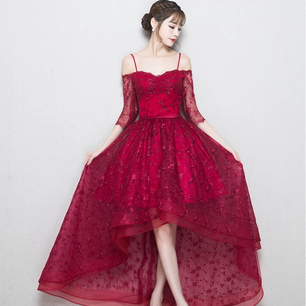 Chic / Belle Bordeaux Robe De Soirée 2018 Princesse En Dentelle Fleur Bretelles Spaghetti Dos Nu 3/4 Manches Asymétrique Robe De Ceremonie