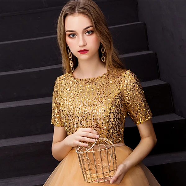 Elegant Gold Prom Dresses 2019 A-Line / Princess Scoop Neck Sequined Short Sleeve Ankle Length Formal Dresses Elegant Gold Prom Dresses 2019 A-Line / Princess Scoop Neck Sequined Short Sleeve Ankle Length Formal Dresses