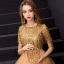 Elegant Gold Prom Dresses 2019 A-Line / Princess Scoop Neck Sequined Short Sleeve Ankle Length Formal Dresses