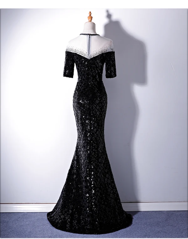 Chic / Beautiful Black Evening Dresses 2019 Trumpet / Mermaid Scoop Neck Lace Beading Sequins 1/2 Sleeves Floor-Length / Long Formal Dresses