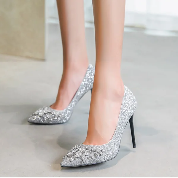 Scintillantes Argenté Chaussure De Mariée 2019 Cuir Perlage Cristal Faux Diamant Paillettes 10 cm Talons Aiguilles À Bout Rond Mariage Escarpins