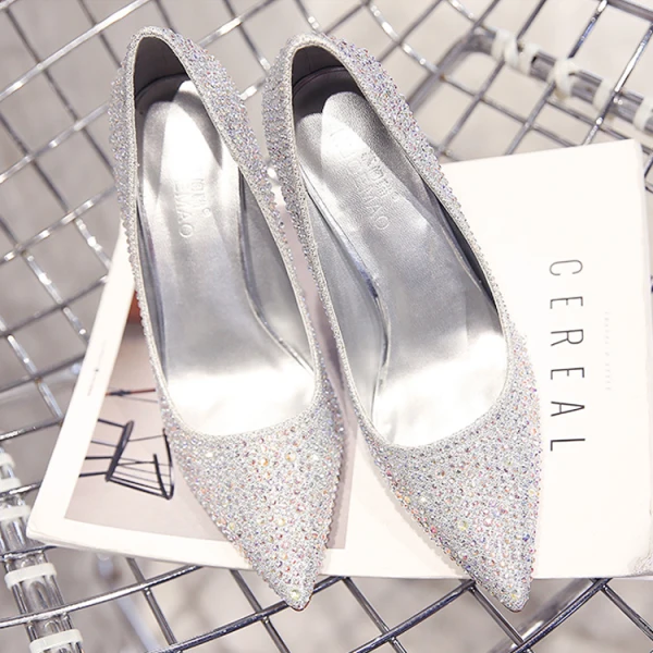 Błyszczące Srebrny Buty Ślubne 2019 Skórzany Rhinestone Cekiny 10 cm Szpilki Szpiczaste Ślub Czółenka