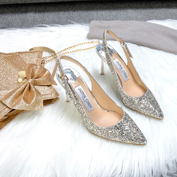Scintillantes Champagne Soirée Chaussures Femmes 2019 Boucle Cuir Paillettes Faux Diamant 9 cm Talons Aiguilles À Bout Pointu Talons Hauts