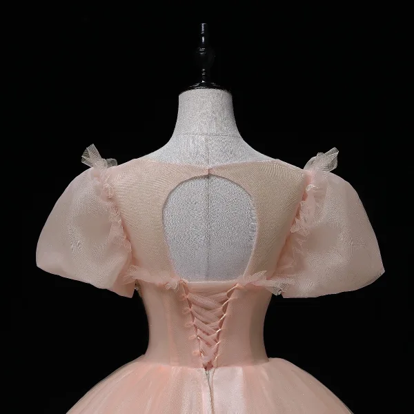 Elegante Blozen Roze Kralen Parel Pailletten Galajurken 2022 Baljurk Ronde Hals Gezwollen Korte Mouwen Ruglooze Lange Gelegenheid Jurken