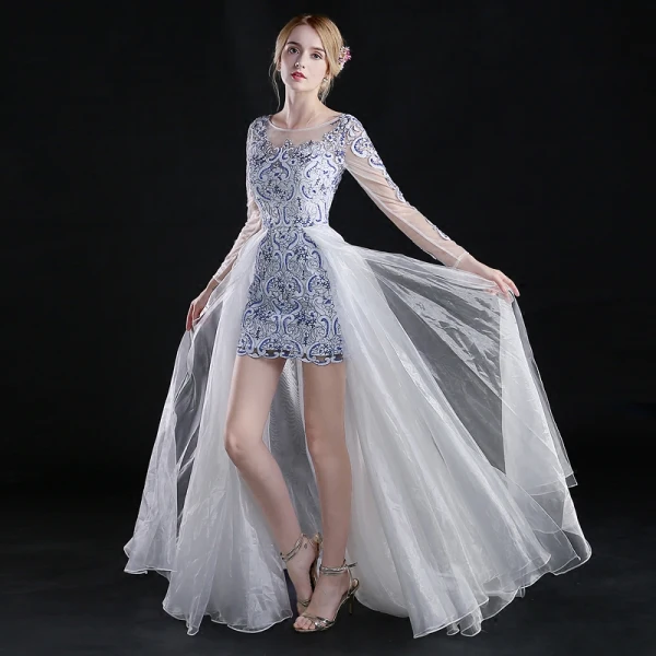 Chinese style Asymmetrical Evening Dresses 2017 A-Line / Princess Scoop Neck Long Sleeve Embroidered Flower White Organza Detachable Formal Dresses