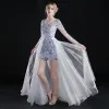 Chiński Styl Asymetryczny Sukienki Wieczorowe 2017 Princessa Wycięciem Długie Rękawy Haftowane Kwiat Białe Organza odpinany Sukienki Wizytowe