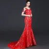Chinese style Red See-through Evening Dresses  2018 Trumpet / Mermaid Scoop Neck Short Sleeve Sequins Beading Court Train Backless Formal Dresses