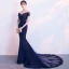 Charmant Bleu Marine Robe De Soirée 2018 Trompette / Sirène De l'épaule Manches Courtes Appliques En Dentelle Perlage Chapel Train Dos Nu Robe De Ceremonie