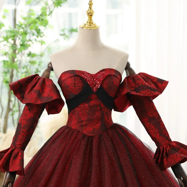 Charming Burgundy Glitter Prom Dresses 2023 Ball Gown Strapless Bell sleeves Backless Floor-Length / Long Prom Formal Dresses