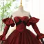Charming Burgundy Glitter Prom Dresses 2023 Ball Gown Strapless Bell sleeves Backless Floor-Length / Long Prom Formal Dresses