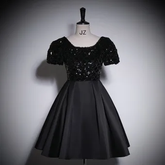 Chic Belle Noire Paillettes Satin Robe De Bal 2023 Princesse Encolure Carrée Manches Courtes Dos Nu Longue Promo Robe De Ceremonie