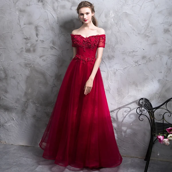 Sexy Burgundy Evening Dresses 2018 A-Line / Princess Lace Appliques Beading Crystal Off-The-Shoulder Backless Sleeveless Floor-Length / Long Formal Dresses