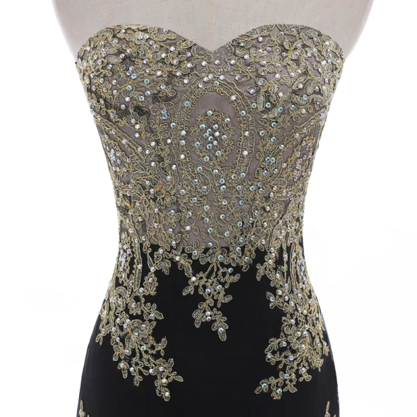 Charmant Noire Robe De Soirée 2018 Trompette / Sirène Bustier Dos Nu En Dentelle Fleur Faux Diamant Sans Manches Longue Robe De Ceremonie