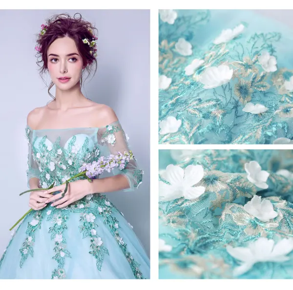 Affordable Pool Blue Prom Dresses 2019 A-Line / Princess Off-The-Shoulder Appliques Embroidered 1/2 Sleeves Backless Formal Dresses