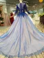 Chic / Beautiful Royal Blue Evening Dresses  2019 A-Line / Princess Scoop Neck Lace Flower Appliques Beading Crystal 3/4 Sleeve Chapel Train Formal Dresses