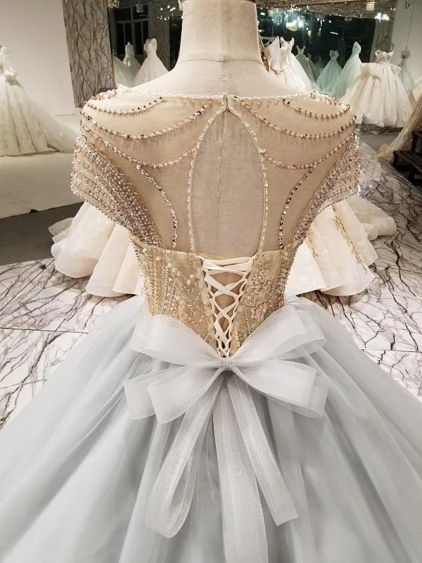 Sparkly Vintage / Retro Grey Handmade Beading Prom Dresses 2019 Ball Gown Scoop Neck Crystal Pearl Sequins Short Sleeve Backless Bow Cathedral Train Formal Dresses