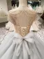 Sparkly Vintage / Retro Grey Handmade  Beading Prom Dresses 2019 Ball Gown Scoop Neck Crystal Pearl Sequins Short Sleeve Backless Bow Cathedral Train Formal Dresses