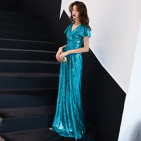 Scintillantes Bleu Marine Paillettes Robe De Soirée 2019 Princesse V-Cou Manches Courtes Dos Nu Longue Robe De Ceremonie