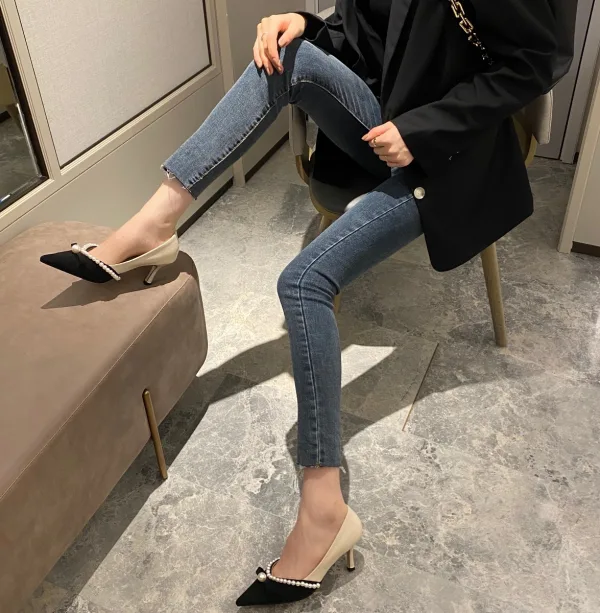 Elegante Beige Abend Perle Pumps 2021 7 cm Stilettos Spitzschuh Pumps Hochhackige