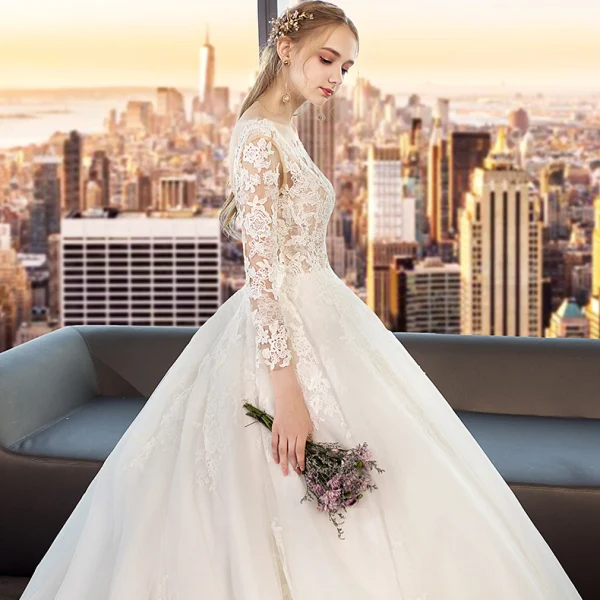 Modest / Simple White Wedding Dresses 2019 A-Line / Princess Scoop Neck See-through Lace Flower 3/4 Sleeve Backless Cathedral Train