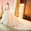Audrey Hepburn Style Champagne Wedding Dresses 2019 Ball Gown See-through Scoop Neck Lace Appliques 3/4 Sleeve Backless Cascading Ruffles Royal Train