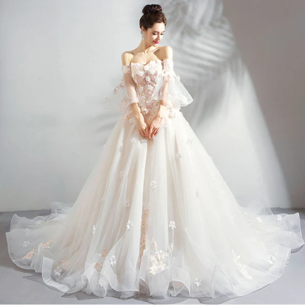 Charming Champagne Wedding Dresses 2019 A-Line / Princess Off-The-Shoulder Appliques Embroidered Pearl 3/4 Sleeve Backless Cathedral Train